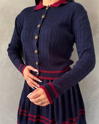 Kadın Uzun Kollu Düğme Ve Ribana Detay Triko Hırka Ve şerit Detay Pileli Etek Ikili Takım