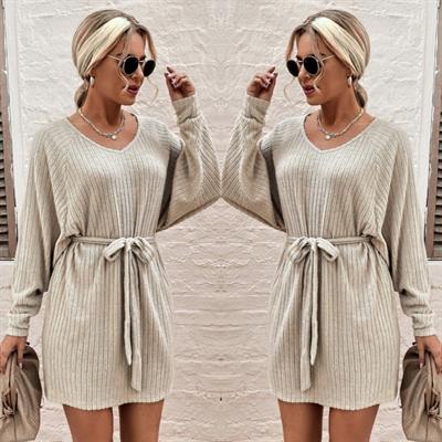 Kadın Uzun Kollu Fitilli şardonlu Detay Buklet Kuşaklı Yumoş Elbise