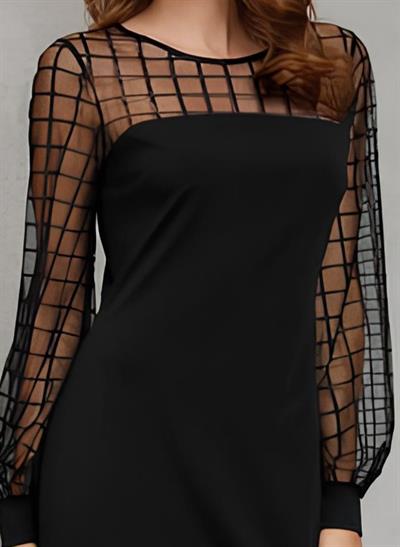 Kadın Uzun Kollu Geometrik Tül Detaylı Ithal Krep Elbise