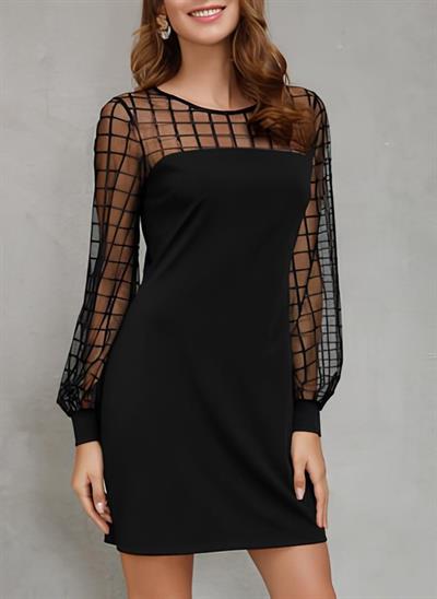 Kadın Uzun Kollu Geometrik Tül Detaylı Ithal Krep Elbise