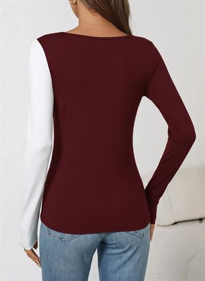 Kadın Uzun Kollu Geometrik Yaka Detaylı çift Renkli Viskon Bluz