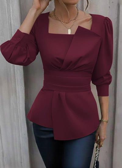 Kadın Uzun Kollu Geometrik Yakalı Belden Oturmalı Ithal Krep Bluz