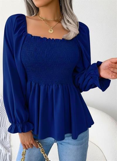 Kadın Uzun Kollu Geometrik Yakalı Gipe Detaylı Krep Bluz