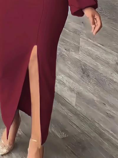 Kadın Uzun Kollu Geometrik Yakalı Yandan Yırtmaçlı Uzun Janjan Krep Elbise