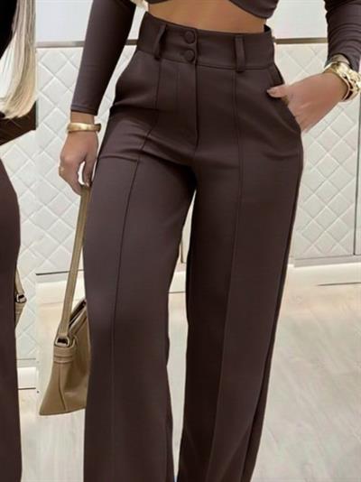 Kadın Uzun Kollu Göğüs Dekolteli Ithal Krep Bluz Ve Pantolon Ikili Takım