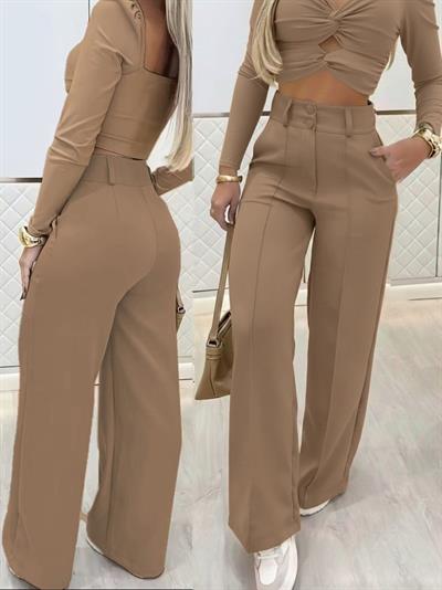 Kadın Uzun Kollu Göğüs Dekolteli Ithal Krep Bluz Ve Pantolon Ikili Takım