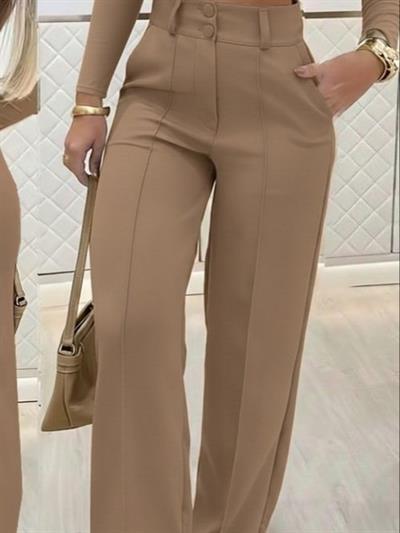 Kadın Uzun Kollu Göğüs Dekolteli Ithal Krep Bluz Ve Pantolon Ikili Takım