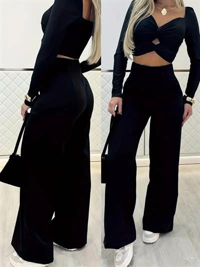 Kadın Uzun Kollu Göğüs Dekolteli Ithal Krep Bluz Ve Pantolon Ikili Takım