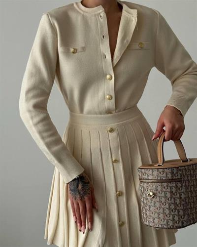 Kadın Uzun Kollu Gold Düğme Detay Yelek Ve Pileli Mini Etek Ikili Takım