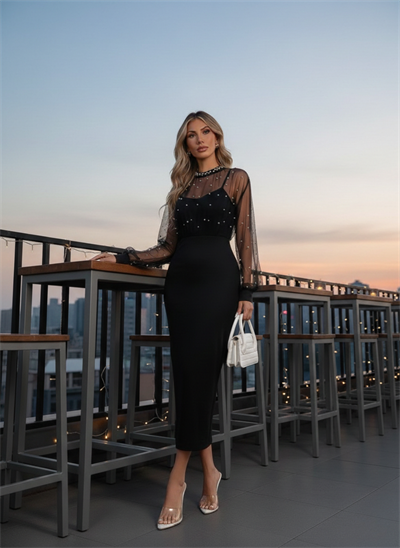 Kadın Uzun Kollu Halka Yaka Tül Inci Detaylı Uzun Ithal Krep Elbise