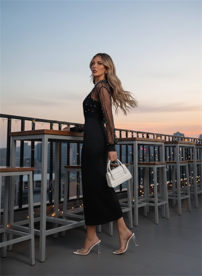 Kadın Uzun Kollu Halka Yaka Tül Inci Detaylı Uzun Ithal Krep Elbise