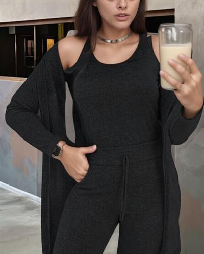 Kadın Uzun Kollu Hırka Atlet Ve Eşofman Yün Viskon üçlü Takım