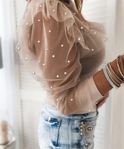 Kadın Uzun Kollu Inci Detaylı Tüllü Viskon Bluz
