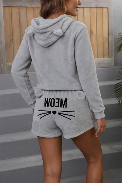 Kadın Uzun Kollu Kapşonlu Peluş Bluz Ve Kısa Short Ikili Takım