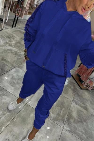 Kadın Uzun Kollu Kapşonlu Pulpayet Detay Viskon Iki Iplik Bluz Ve Pantolon Ikili Takım