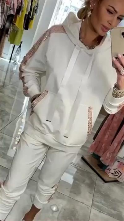 Kadın Uzun Kollu Kapşonlu Pulpayet Detay Viskon Iki Iplik Bluz Ve Pantolon Ikili Takım