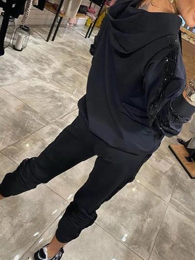 Kadın Uzun Kollu Kapşonlu Pulpayet Detay Viskon Iki Iplik Bluz Ve Pantolon Ikili Takım