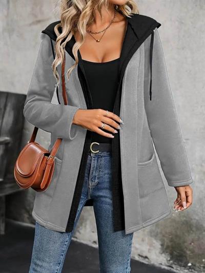 Kadın Uzun Kollu Kapşonlu çift Renkli şardonlu Iki Iplik Ceket