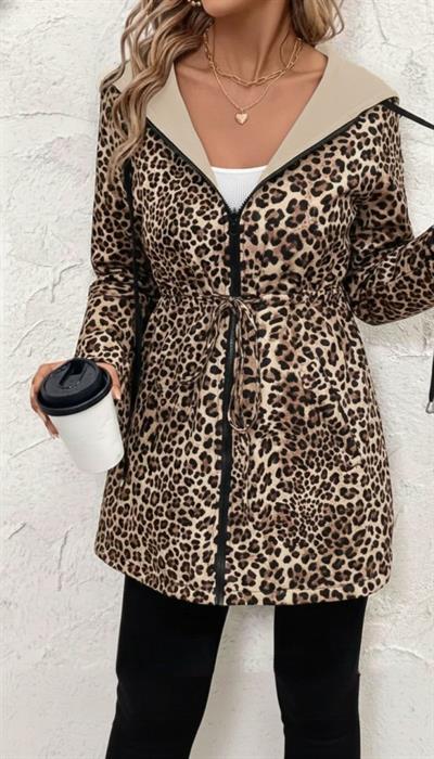 Kadın Uzun Kollu Kapşonlu çift Taraflı Cepli Bağcıklı Fermuarlı Viskon Iki Iplik Ceket