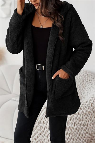 Kadın Uzun Kollu Kapşonlu önden Fermuarlı Cepli Welsoft Ceket