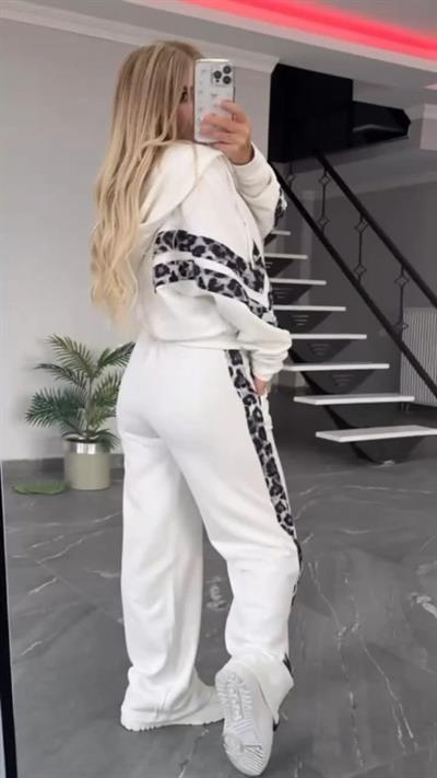 Kadın Uzun Kollu Kapşonlu önü Fermuarlı Leopar Desenli Modal Bluz Ve Pantolon Ikili Takım