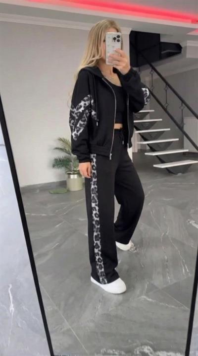 Kadın Uzun Kollu Kapşonlu önü Fermuarlı Leopar Desenli Modal Bluz Ve Pantolon Ikili Takım