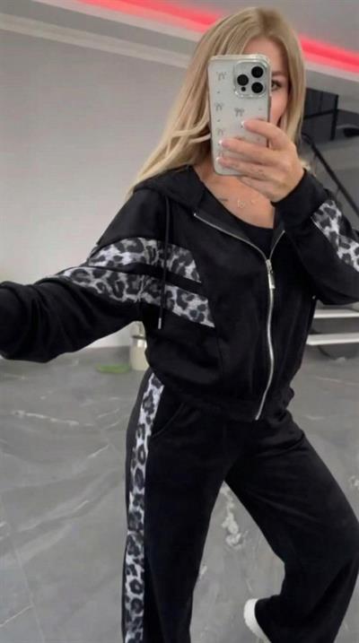 Kadın Uzun Kollu Kapşonlu önü Fermuarlı Leopar Desenli Modal Bluz Ve Pantolon Ikili Takım
