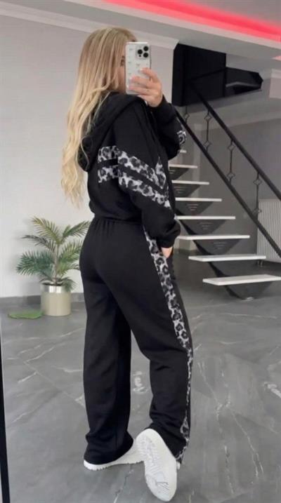 Kadın Uzun Kollu Kapşonlu önü Fermuarlı Leopar Desenli Modal Bluz Ve Pantolon Ikili Takım