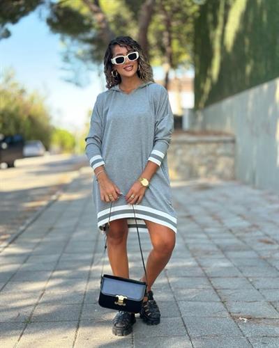 Kadın Uzun Kollu Kapüşon Ve Ribana Detay Mini Salaş Elbise