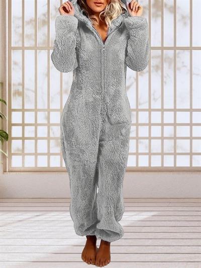 Kadın Uzun Kollu Kapüşonlu Tavşan Kulak Detaylı Peluş Tulum
