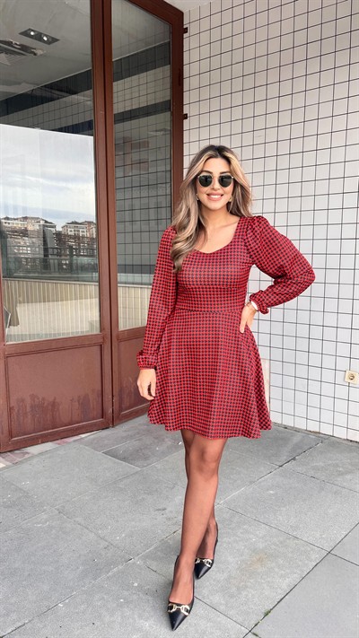 Kadın Uzun Kollu Kare Kalp Yakalı Mini Modal Elbise