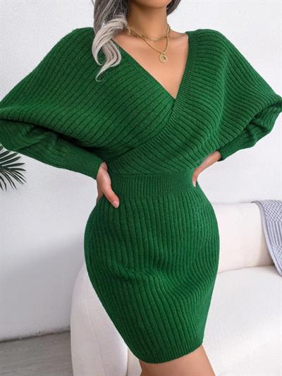 Kadın Uzun Kollu Kruvaze Geniş Yakalı Mini Triko Elbise