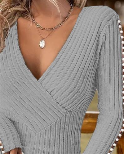 Kadın Uzun Kollu Kruvaze Yaka Kol Inci Detaylı şardonlu Kaşkorse Bluz