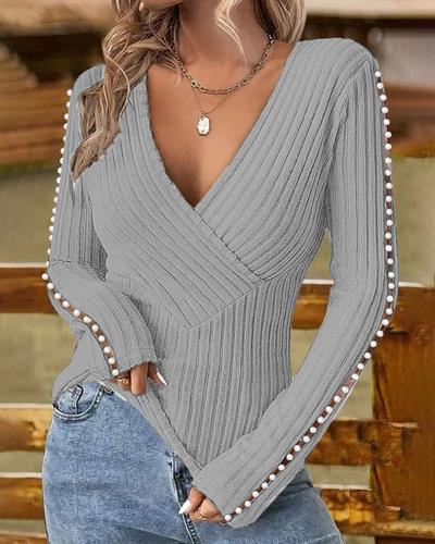 Kadın Uzun Kollu Kruvaze Yaka Kol Inci Detaylı şardonlu Kaşkorse Bluz