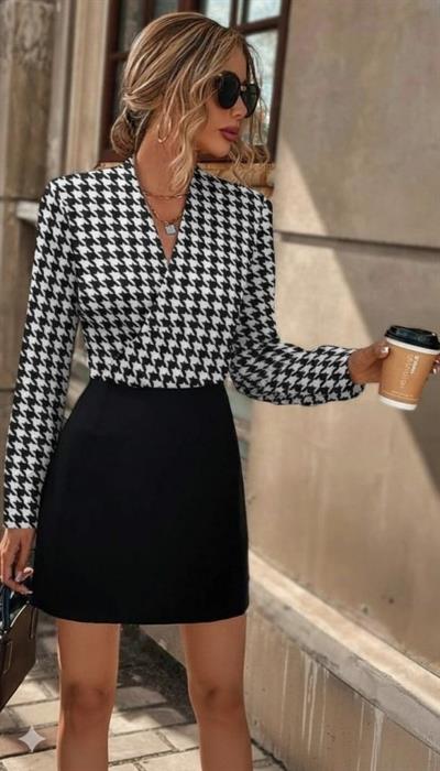 Kadın Uzun Kollu Kruvaze Yakalı üst Dalgıç Alt Ithal Krep Mini Elbise