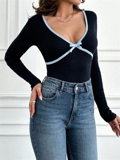 Kadın Uzun Kollu Kurdele Detay Bluz