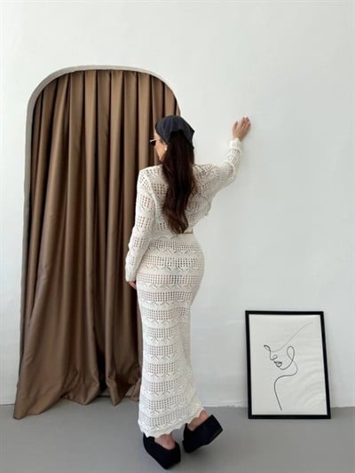 Kadın Uzun Kollu Kuş Gözü Transparan Detay Triko Bluz Ve Maxi Boy Etek Ikili Takım