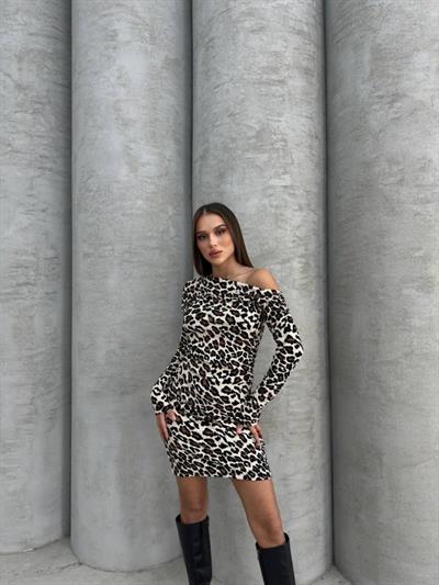 Kadın Uzun Kollu Leopar Desen Omuz Dekolteli Mini Elbise