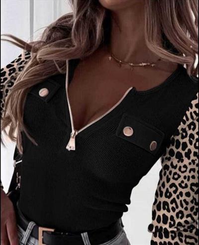 Kadın Uzun Kollu Leopar Desenli Fermuarlı önden Cep Ve Düğme Detaylı Kaşkorse Bluz