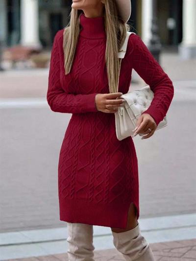 Kadın Uzun Kollu Loren Yünlü Motifli Midi Boy Triko Elbise