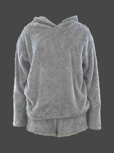 Kadın Uzun Kollu Meow Kedi Nakışlı Kapşonlu Peluş Sweat Ve Short Ikili Takım