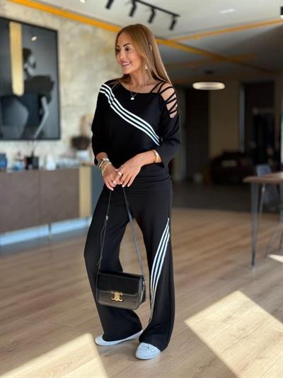 Kadın Uzun Kollu Omuz Dekolteli çapraz Ribana Detay Bluz Ve Pantolon Ikili Takım