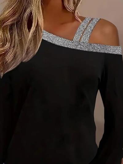 Kadın Uzun Kollu Omuzdan Askılı Sim Detaylı Viskon Iki Iplik Bluz