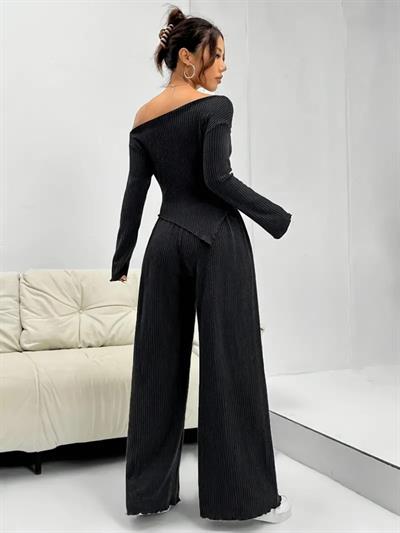 Kadın Uzun Kollu Omuzlardan Açık Asimetrik Kesim Kaşkorse Bluz Ve Pantolon Ikili Pantolon