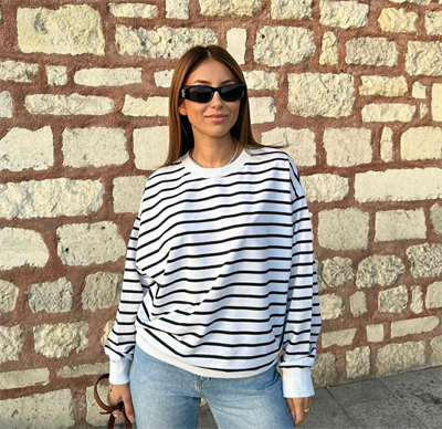 Kadın Uzun Kollu Oversize çizgili Sweat