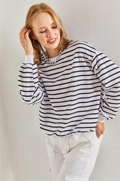 Kadın Uzun Kollu Oversize çizgili Sweat