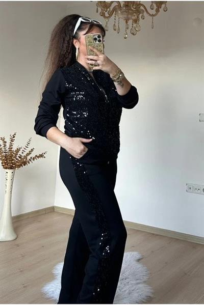 Kadın Uzun Kollu Pul Payet Detay Fermuarlı Iki Iplik Kumaş Ikili Takım