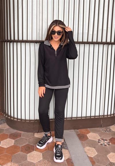 Kadın Uzun Kollu Ribana Ve Fermuar Detay Bluz Ve Yüksel Bel Pantolon 2li Takım