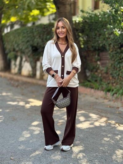 Kadın Uzun Kollu Ribanali Cep Detay Hırka Ve Bol Paça Pantolon Ikili Takım