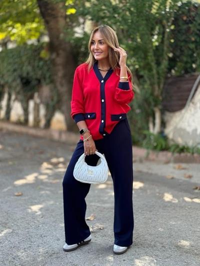 Kadın Uzun Kollu Ribanali Cep Detay Hırka Ve Bol Paça Pantolon Ikili Takım